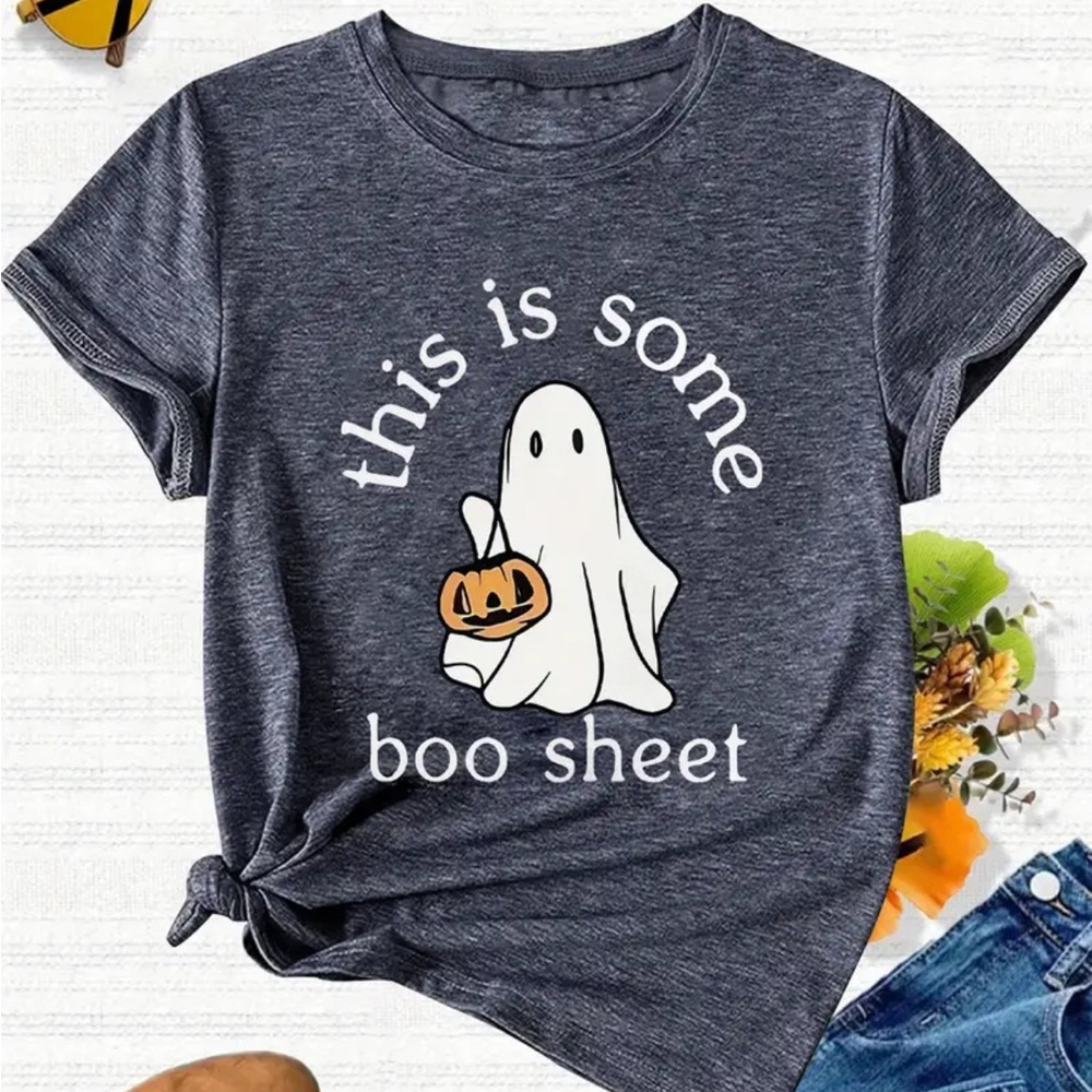 Halloween  Ghost Graphic Tee - Gray this is boo sheet